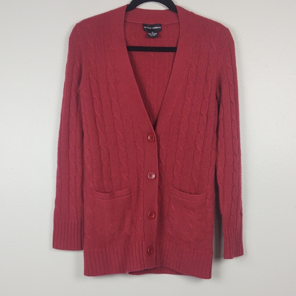 Sutton Cashmere Cardigan Cable Knit Pockets Long Quiet Luxury Academia Red XS